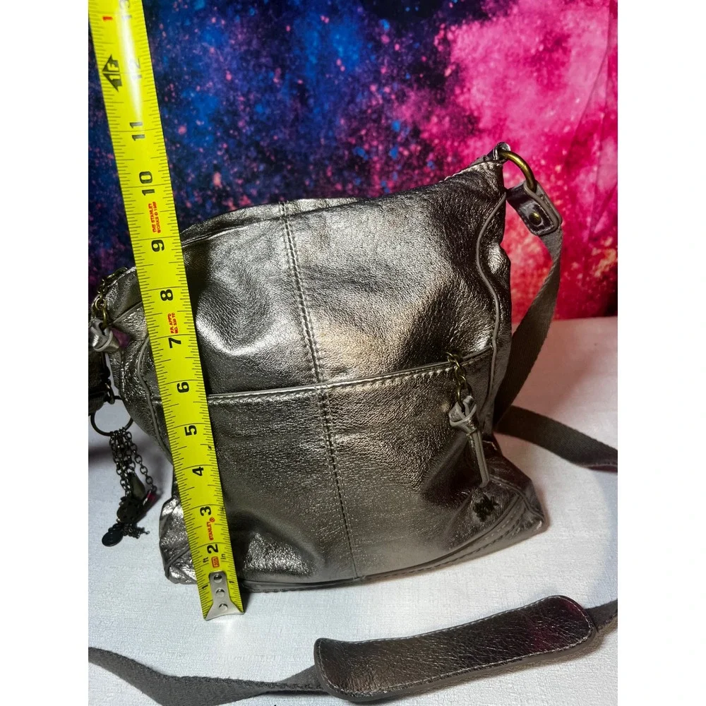 The Sak Metallic Pewter Leather Crossbody Bag Boho Charm Antiqued Brass Hardware
